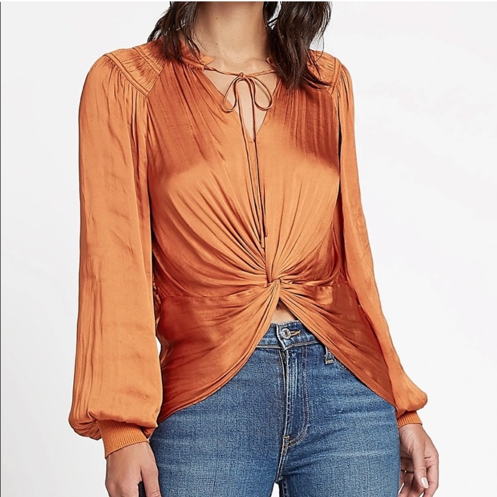 New Anthropologie Current Air  Twist Front Satin Tie Neck Burnt Orange Blouse S